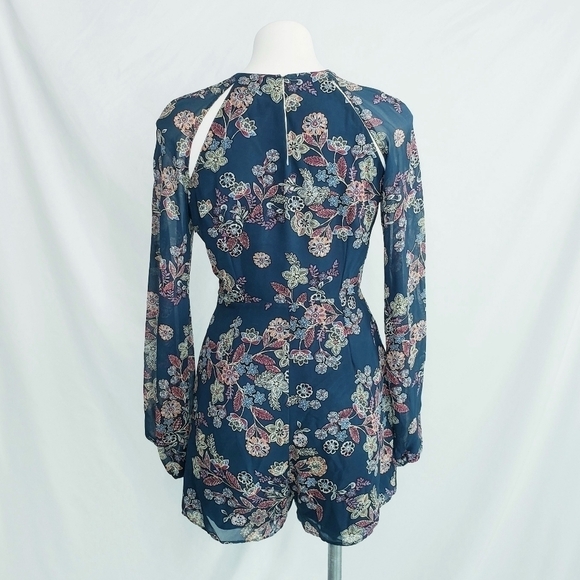 Line + Dot Floral Romper w/Sheer Long Sleeves Blue Multi - Picture 5 of 12